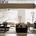 Bright Modern Open Plan Living And Dining Room With Cozy Furniture And Full View Windows