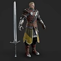 Man in Medieval Fantasy Armor Standing with Long Sword and Leather Straps