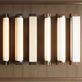 Modern Wall Sconces With Metal Frames Illuminated On Wooden Panel Background 3d model