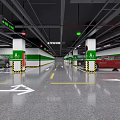Modern Parking Lot with Parked Cars Floor Markings Arrows And Green White Columns