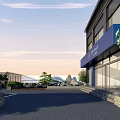 Modern Parking Lot With Two Story Building Blue Signage Parked Cars And Greenery