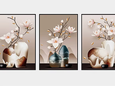 Elegant Decorative Paintings With Magnolia Flowers Vases And Mountain Backdrops 3d model