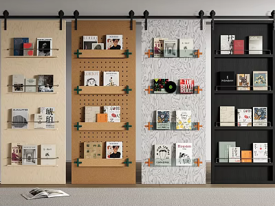 Barn Door Display Shelves With Books Magazines And Decorative Items 3d model