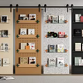 Barn Door Display Shelves With Books Magazines And Decorative Items