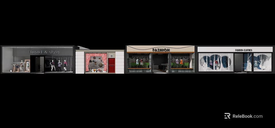 Shopping Mall Retail Storefronts With Clothing Window Displays And Facade Design 3d model 