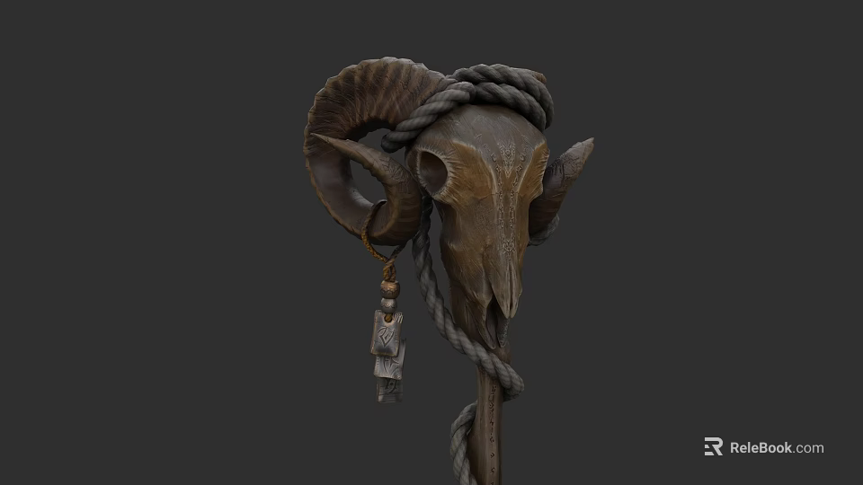 Ancient Ram Skull Weapon With Wrapped Rope And Decorative Tassel Staff 3d model 