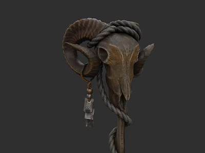 Ancient Ram Skull Weapon With Wrapped Rope And Decorative Tassel Staff 3d model