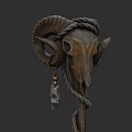 Ancient Ram Skull Weapon With Wrapped Rope And Decorative Tassel Staff