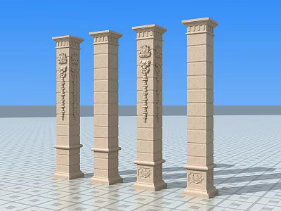 Stone Roman Columns With Intricate Carvings Against Blue Sky And Light Floor 3d model