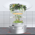 Circular Multi Tiered Indoor Landscape Featuring Hanging Green Plants Flowers And Warm Yellow Lighting