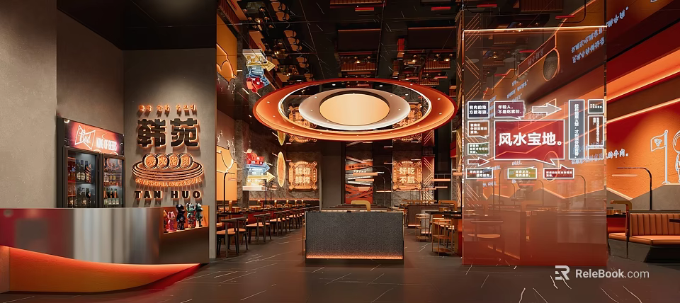 Stylish Korean Restaurant Interior With Circular Chandelier Counter Tables And Decorations 3d model 