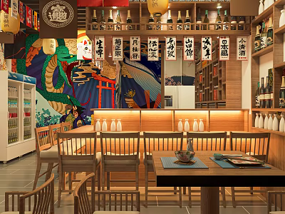 Japanese Style Restaurant Interior With Wooden Tables Chairs Decorative Murals And Wine Racks 3d model