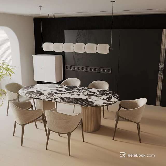 Dining Table Set with Marble Top Beige Upholstered Chairs in Black Wall Interior 3d model