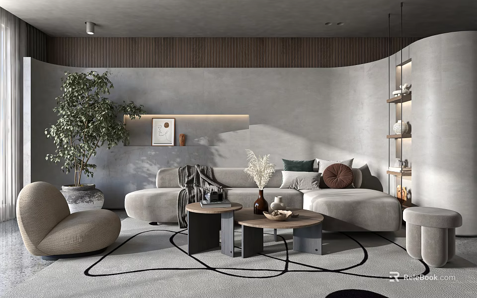 Modern Living Room Interior With Gray Walls Wooden Accents Large Plant And L shaped Sofa 3d model 