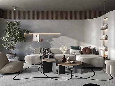 Modern Living Room Interior With Gray Walls Wooden Accents Large Plant And L shaped Sofa 3d model