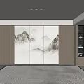 Modern Luxurious Living Room Background Wall With White Wooden Frames And Mountain Landscape Artwork