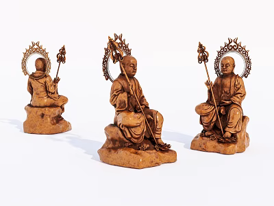 Intricate Wooden Carved Statues Of Seated Figures With Halo And Staff Design 3d model