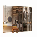 Modern Wardrobe Design With Glass Doors Golden Frame Round Mirror And Hanging Clothes