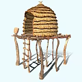 Traditional Beehive Shaped Thatched Hut With Wooden Supports And Climbing Ladder