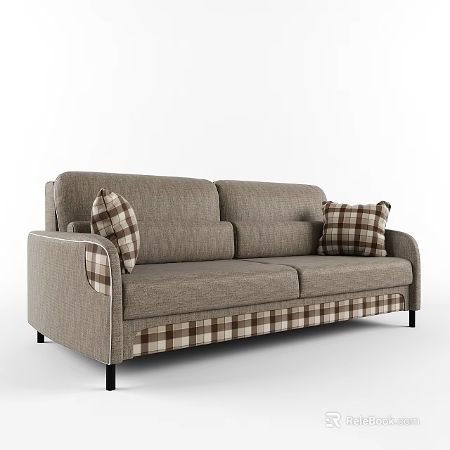 Modern Gray Fabric Sectional Sofa With Plaid Cushions And Black Slim Legs 3d model 