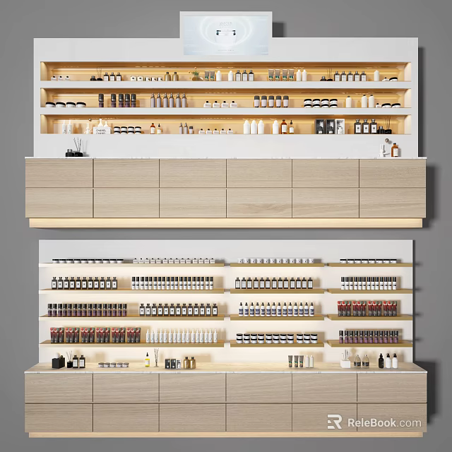 Modern Retail Display Shelves With Wooden Multi Tier Design For Organized Cosmetic Bottles 3d model 