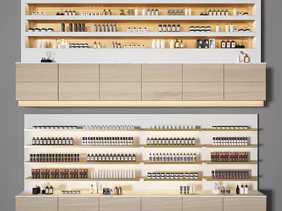Modern Retail Display Shelves With Wooden Multi Tier Design For Organized Cosmetic Bottles 3d model