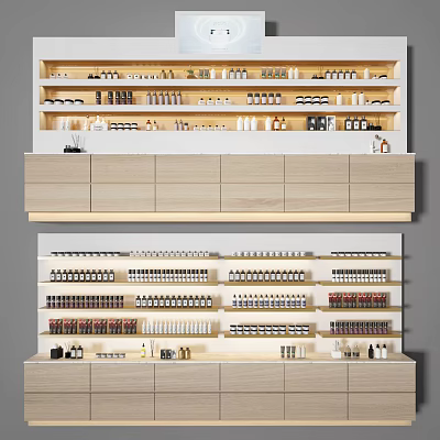 Modern Retail Display Shelves With Wooden Multi Tier Design For Organized Cosmetic Bottles 3d model