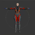 Futuristic Cyborg Character In Red Silver Armor With Extended Arms And Mechanical Design
