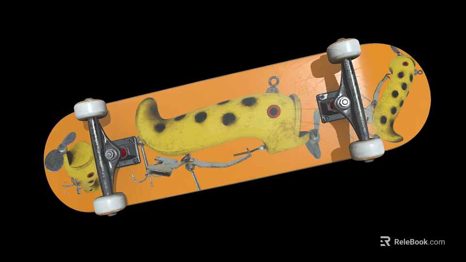 Orange Skateboard Deck With Yellow Spotted Design White Wheels And Metal Trucks 3d model 