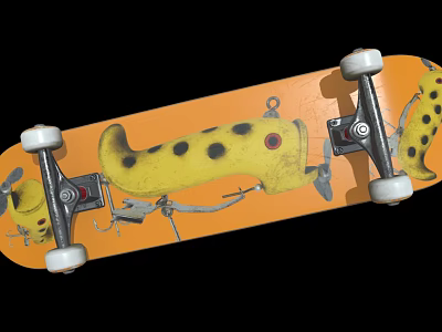 Orange Skateboard Deck With Yellow Spotted Design White Wheels And Metal Trucks 3d model