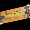 Orange Skateboard Deck With Yellow Spotted Design White Wheels And Metal Trucks