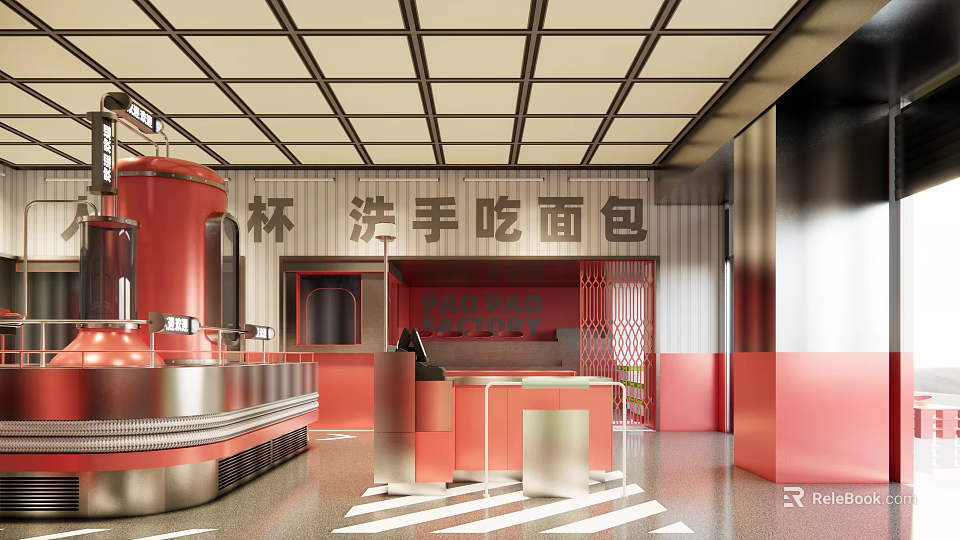 Cozy Modern Red Dessert Shop Interior With Fresh Bread Drinks Counter And Hand Washing Area 3d model 