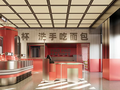 Cozy Modern Red Dessert Shop Interior With Fresh Bread Drinks Counter And Hand Washing Area 3d model