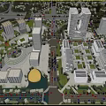 Tall Modern Office Buildings in Urban Area With Green Spaces and Surrounding Roads