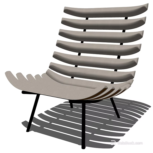 Modern Light Gray Lounge Chair With Curved Slats And Black Metal Legs 3d model 