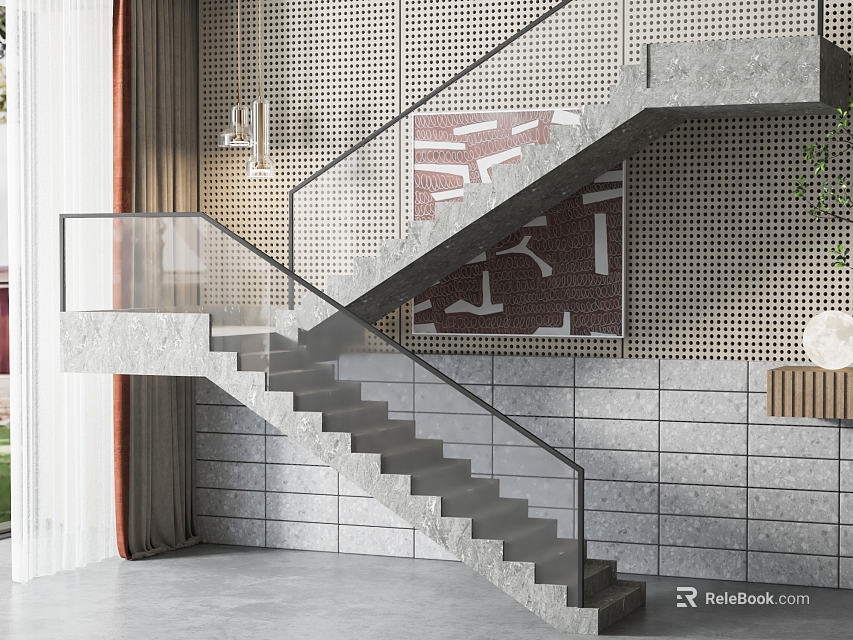 Modern Concrete Stairs With Glass Railing And Perforated Panel Tile Wall Decorative Painting 3d model 