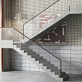 Modern Concrete Stairs With Glass Railing And Perforated Panel Tile Wall Decorative Painting