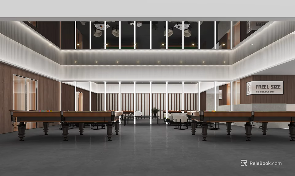 Modern Billiard Room Interior Design With Spacious Layout And Billiard Tables And Ambient Lighting 3d model 