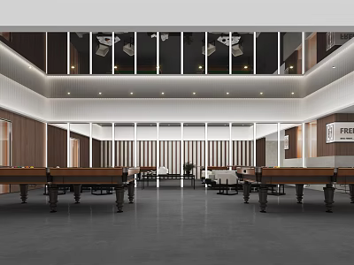Modern Billiard Room Interior Design With Spacious Layout And Billiard Tables And Ambient Lighting 3d model
