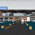Modern Sales Office Building with Evening Lighting Glass Curtain Wall Entrance Water Feature and People