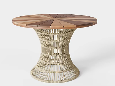 Stylish Round Dining Table With Multicolored Wooden Planks Top and Woven Rattan Base Design 3d model