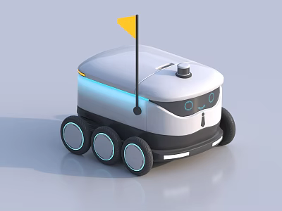 White Autonomous Robot Car With Yellow Flag Blue Light Strip And Multiple Wheels 3d model