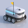 White Autonomous Robot Car With Yellow Flag Blue Light Strip And Multiple Wheels 3d model