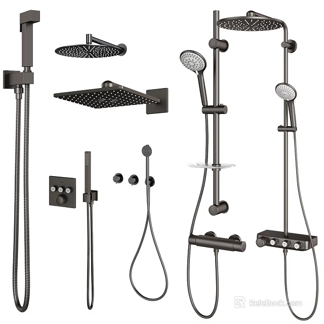 Modern Black Shower Systems With Rain Shower Head Handheld Sprayer And Control Knobs 3d model