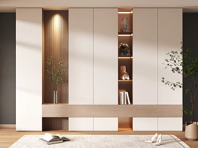 Modern Shoe Cabinet Design with Built in Lighting Decorative Shelves and Potted Plants 3d model