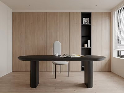 Modern Study Room With Wooden Walls Dark Round Desk White Chair And Black Bookshelf 3d model