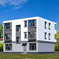 Modern Detached House with Large Glass Windows Balconies Surrounded by Green Plants and Lawn
