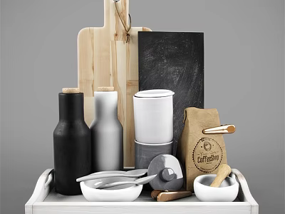 Essential Kitchenware Collection With Wooden Cutting Board Black Slate Bottles Cups And Bowls 3d model