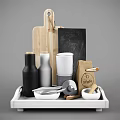 Essential Kitchenware Collection With Wooden Cutting Board Black Slate Bottles Cups And Bowls
