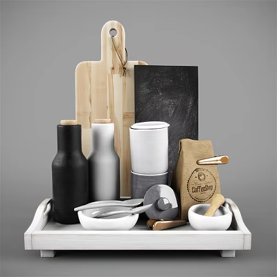 Essential Kitchenware Collection With Wooden Cutting Board Black Slate Bottles Cups And Bowls 3d model